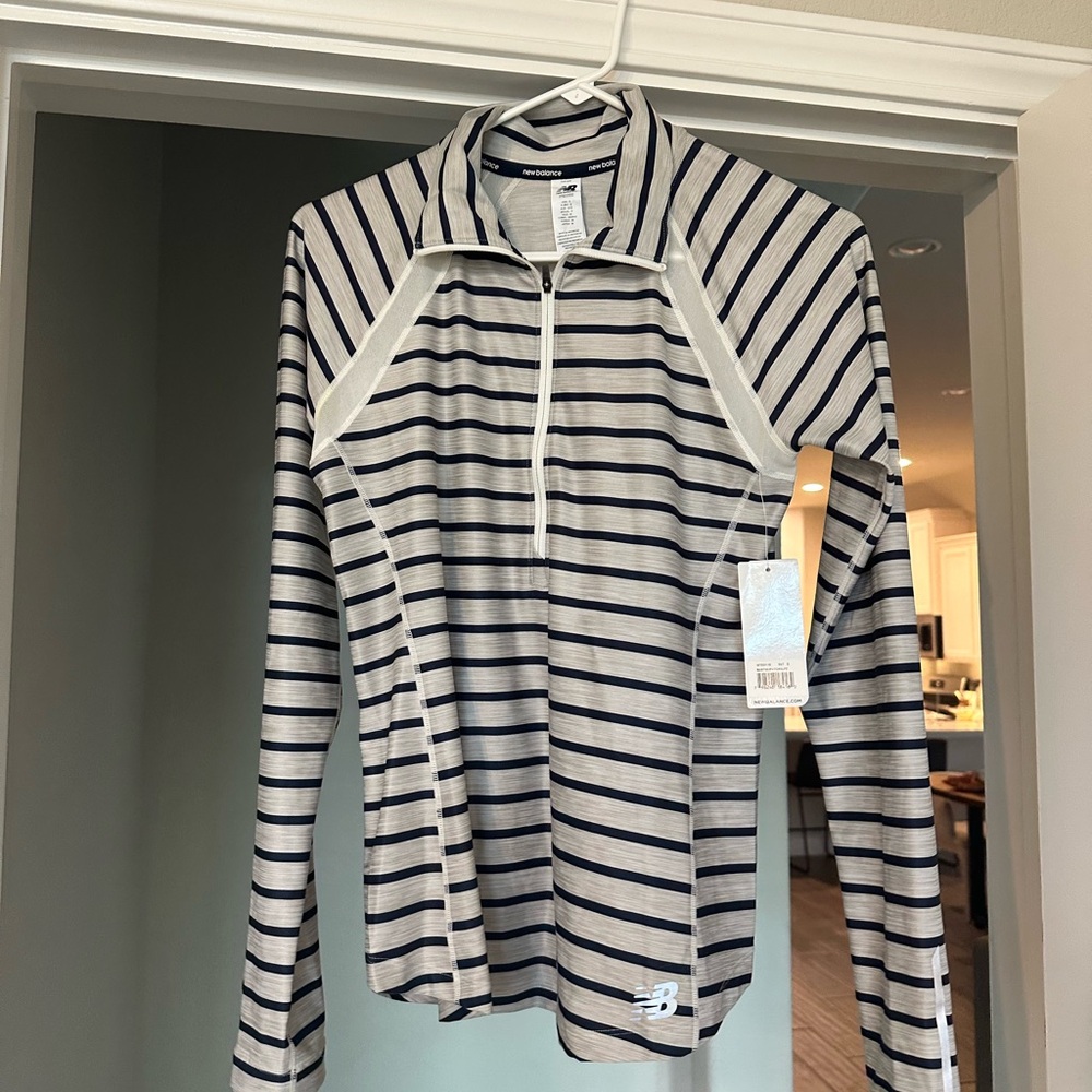 New Balance Navy and Cream Striped Half-Zip Top